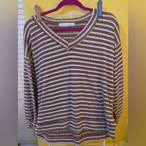 Altar'd State Striped V-Neck Sweater in Brown and White
